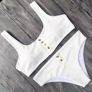 White Ribbed Button Bikini Set